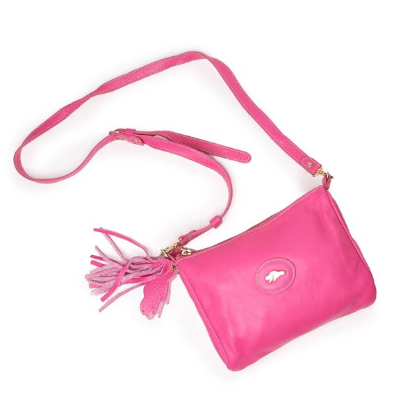 Roots Canada Small Leather Shoulder Bag Pink Pebble Crossbody Tassel Detail - Picture 4 of 12